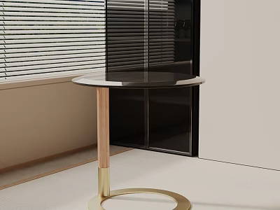Modern Circular Side Table With Black Glass Top Wooden Pillar And Gold Base 3d model