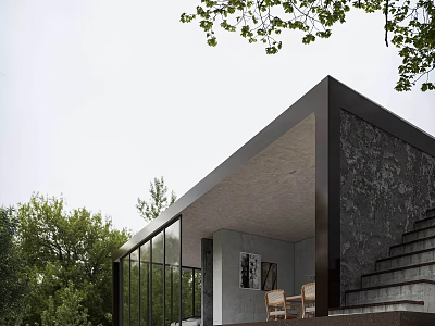 Modern Detached Villa Exterior With Glass Walls Gray Stone Facade And Surrounding Trees 3d model