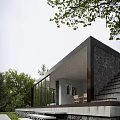 Modern Detached Villa Exterior With Glass Walls Gray Stone Facade And Surrounding Trees