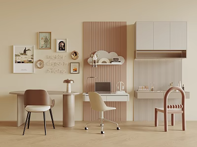 Elegant Modern Desk Setup With Chairs Framed Wall Art Cloud Lamp And Wooden Cabinets 3d model