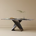 Modern Minimalist Dining Table With Marble Top Black Geometric Base Fruits Glasses and Potted Plant
