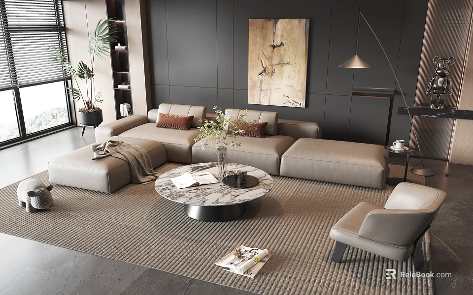 Modern Gray Sofa And Round Marble Coffee Table Set With Rug Floor Lamp Decorative Painting 3d model 