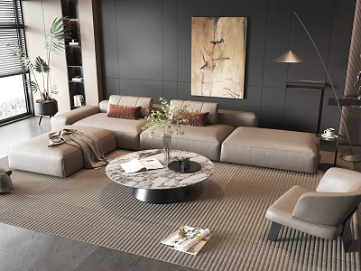 Modern Gray Sofa And Round Marble Coffee Table Set With Rug Floor Lamp Decorative Painting 3d model