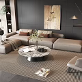 Modern Gray Sofa And Round Marble Coffee Table Set With Rug Floor Lamp Decorative Painting