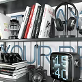 Decorative Ornament Set With Books Headphones Camera Clock Laptop On Shelf