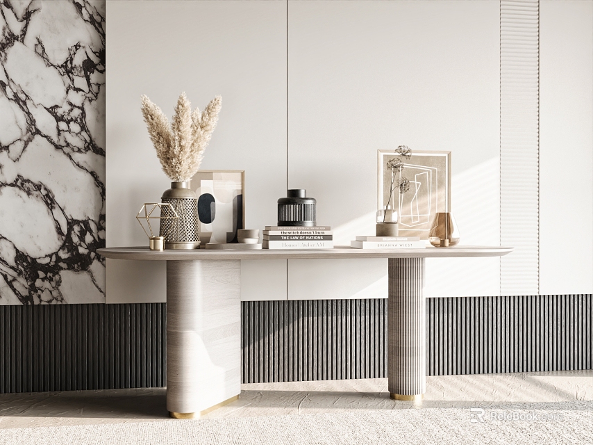 Elegant Modern Console Table In Entryway With Marble Wall And Decor Accents 3d model 