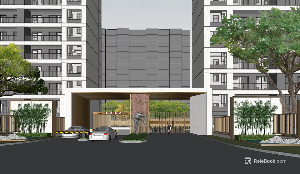 Residential Entrance Gate Between High Rise Buildings With Green Plants And Cars 3d model 