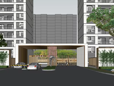 Residential Entrance Gate Between High Rise Buildings With Green Plants And Cars 3d model
