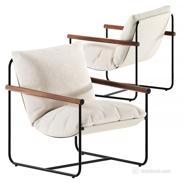 Modern Style Armchair With Wooden Arms And Black Metal Frame Beige Cushions 3d model 
