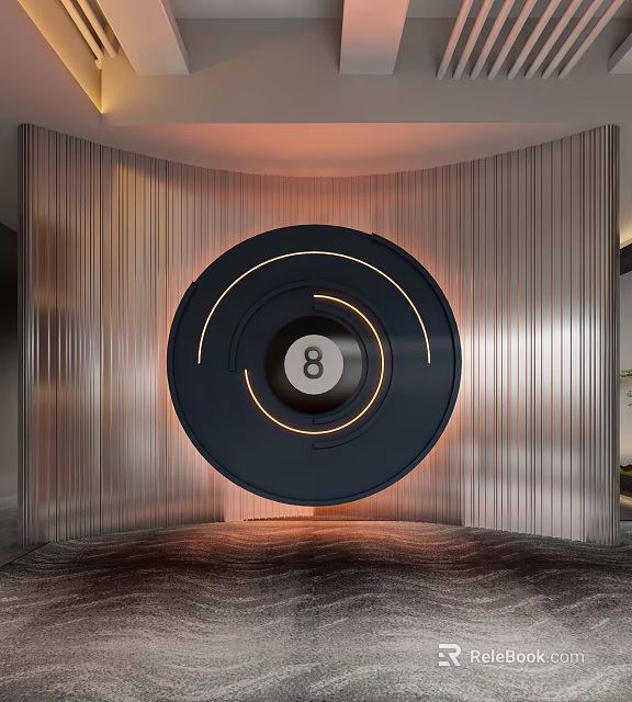 Modern Interior With Illuminated Circular Design Featuring Number 8 And Silver Striped Walls 3d model 