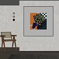 Modern Abstract Artwork On Wall With Wooden Chair And Decorative Lights 3d model