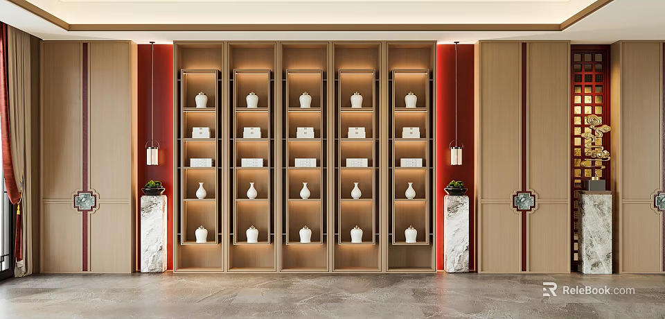 Modern Wooden Open Multi Tiered Bookcase with White Ornaments Red Background And Marble Decorations 3d model 