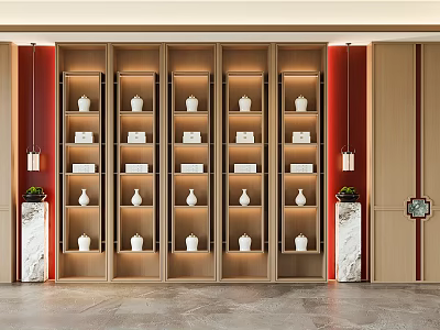 Modern Wooden Open Multi Tiered Bookcase with White Ornaments Red Background And Marble Decorations 3d model