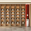Modern Wooden Open Multi Tiered Bookcase with White Ornaments Red Background And Marble Decorations