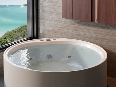 Bathroom Interior Design With Round Bathtub Water Ocean View And Wooden Cabinets 3d model