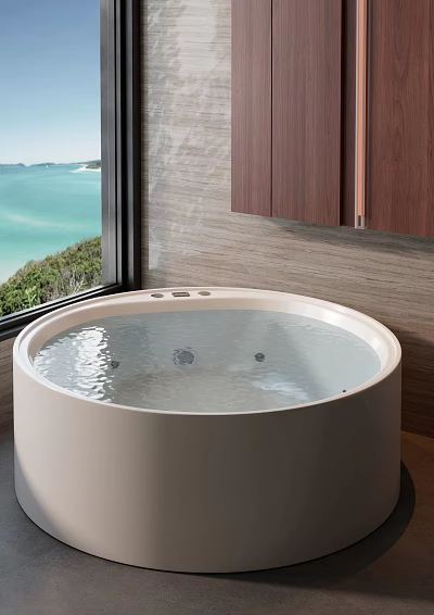 Bathroom Interior Design With Round Bathtub Water Ocean View And Wooden Cabinets 3d model