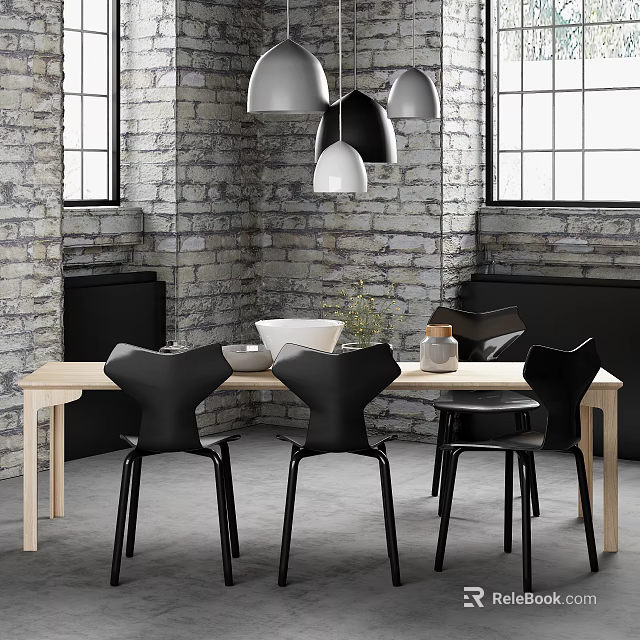Modern Dining Table Set With Black Chairs Brick Wall And Pendant Lights 3d model