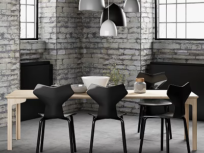 Modern Dining Table Set With Black Chairs Brick Wall And Pendant Lights 3d model