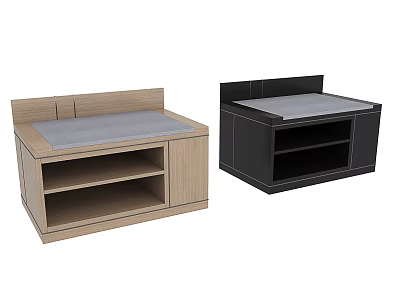 Wooden And Black Storage Benches With Open Shelves And Flat Top Surface 3d model