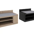 Wooden And Black Storage Benches With Open Shelves And Flat Top Surface