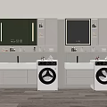 Modern Bathroom Vanity Cabinet With Symmetrical Design Mirrors Wall Niches Countertops Toiletries And Washing Machines