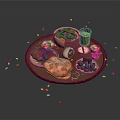 Wooden Tray With Assorted Foods Green Vegetables Beverage Red Berries Egg And Ingredients