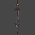 Traditional Japanese Katana on Wooden Display Stand with Red String Handle Wrapping and Black Scabbard Golden Emblem
