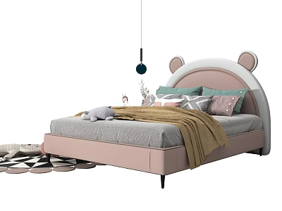 Adorable Kids Bed with Bear Ear Headboard Pink White Design Soft Pillows and Plush Toy 3d model