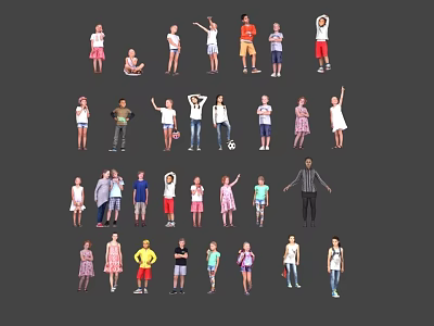 Group of People in Various Poses and Different Outfits Standing Together 3d model