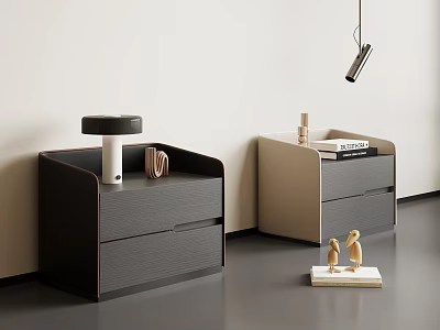 Modern Bedroom Bedside Tables With Dark And Light Drawers Table Lamp Books And Decorative Items 3d model