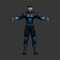 Futuristic Sci Fi Character In Blue Armored Suit With Glowing Elements And Open Arms Pose