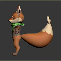 Cute Orange Cartoon Fox Character Wearing Green Scarf And Gray Shirt With White Tipped Tail