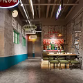 Industrial Style Restaurant With Neon Signs Chinese English Signs And Red White Striped Floor