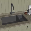 Stainless Steel Double Sink And Faucet On Marble Countertop With Coffee Maker And Cabinets
