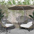Outdoor Rattan Sofas with White Cushions Under Beige Umbrella and Green Plants on Tiled Patio