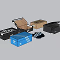 Household Items Open Closed Black Blue Shoe Boxes And Striped Slippers