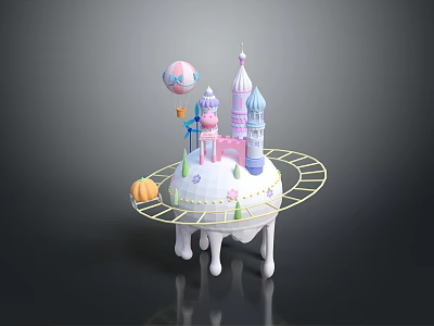 Fairy Tale Castle Architecture With Colorful Towers Hot Air Balloon And Rotating Track 3d model