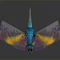 Fantasy Blue Dragon Character With Yellow Red Feathered Wings Flying For Game Film