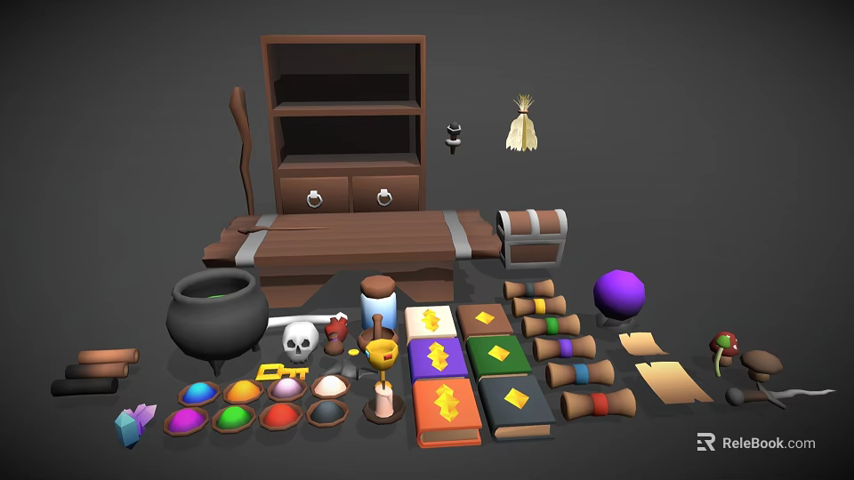 Magic Workshop Setup With Brown Cabinet Bench Black Cauldron Scrolls And Colorful Orbs 3d model 