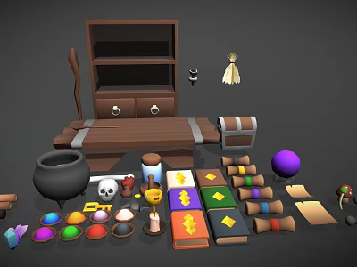 Magic Workshop Setup With Brown Cabinet Bench Black Cauldron Scrolls And Colorful Orbs 3d model