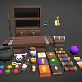 Magic Workshop Setup With Brown Cabinet Bench Black Cauldron Scrolls And Colorful Orbs 3d model