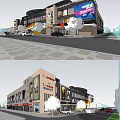 Modern Commercial Complex With Glass Facade Parking Areas And Basketball Court