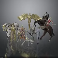Fantasy Character Figurines Set Featuring Golden Winged Figure Horses Rider And Dog