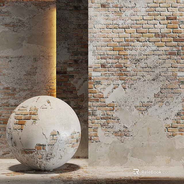 Textured Brick Wall Featuring Cracked White Sphere And Concrete Column With Warm Lighting 3d model 