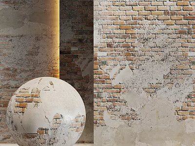 Textured Brick Wall Featuring Cracked White Sphere And Concrete Column With Warm Lighting 3d model