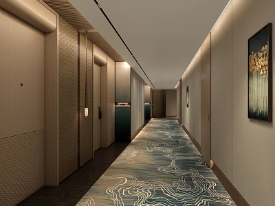 Hotel Corridor Interior With Patterned Carpet Elegant Walls Recessed Lighting And Decorative Painting 3d model