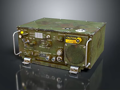 Green Vintage Military Electronic Device With Metal Handles Control Knobs And Caution Label 3d model