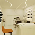 Beauty Salon Interior Design With White Counter Orange Chairs Arched Shelves And Beauty Products