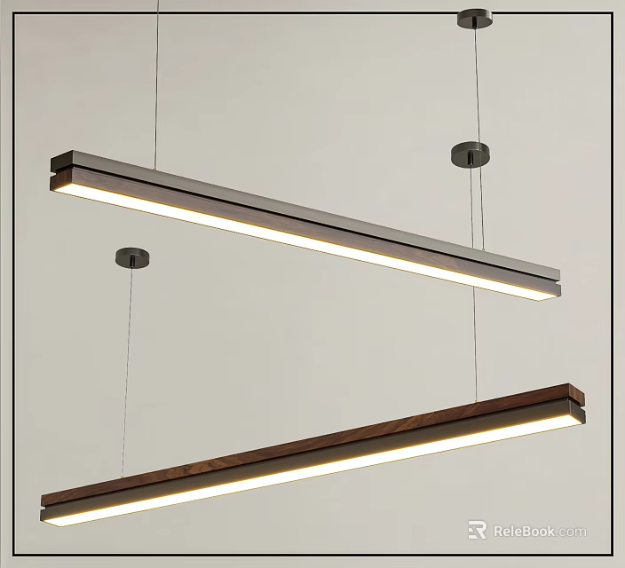 Modern Long Strip Pendant Lights Hanging From Ceiling With Metal Wooden Finish And Bright Glow 3d model 
