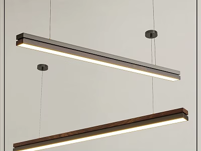 Modern Long Strip Pendant Lights Hanging From Ceiling With Metal Wooden Finish And Bright Glow 3d model